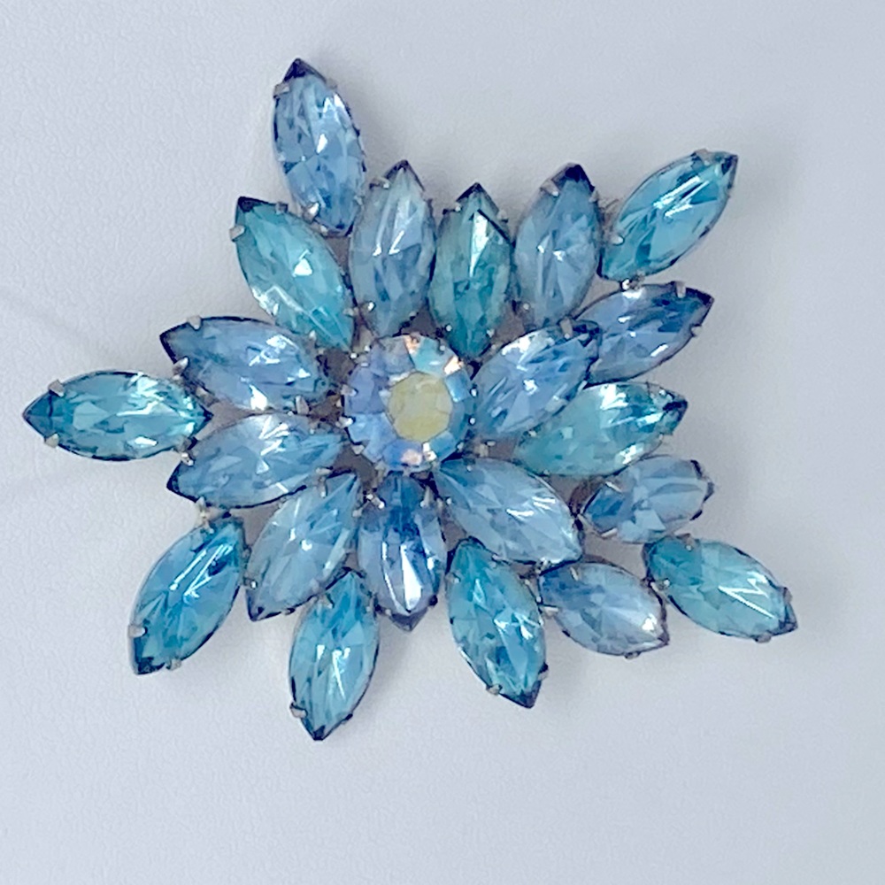 Showpiece Vintage Rhinestone Brooch 1950s Ice Blue Asymmetrical